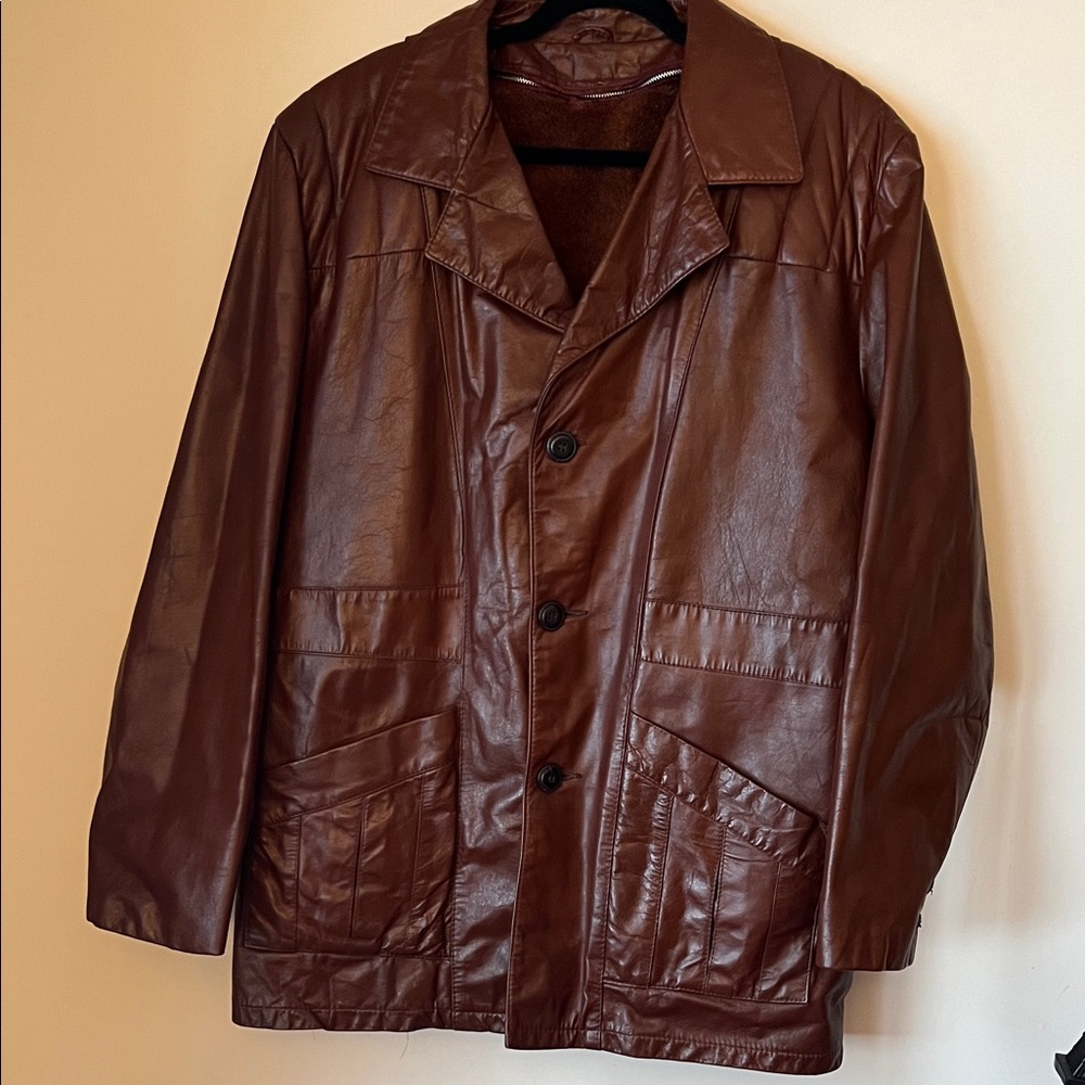 1970s Sears The Leather Shop Brown Leather Car Coat Wool Lined Jacket